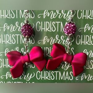Elegant Fuchsia Bow and Sparkling Rhinestone Earrings